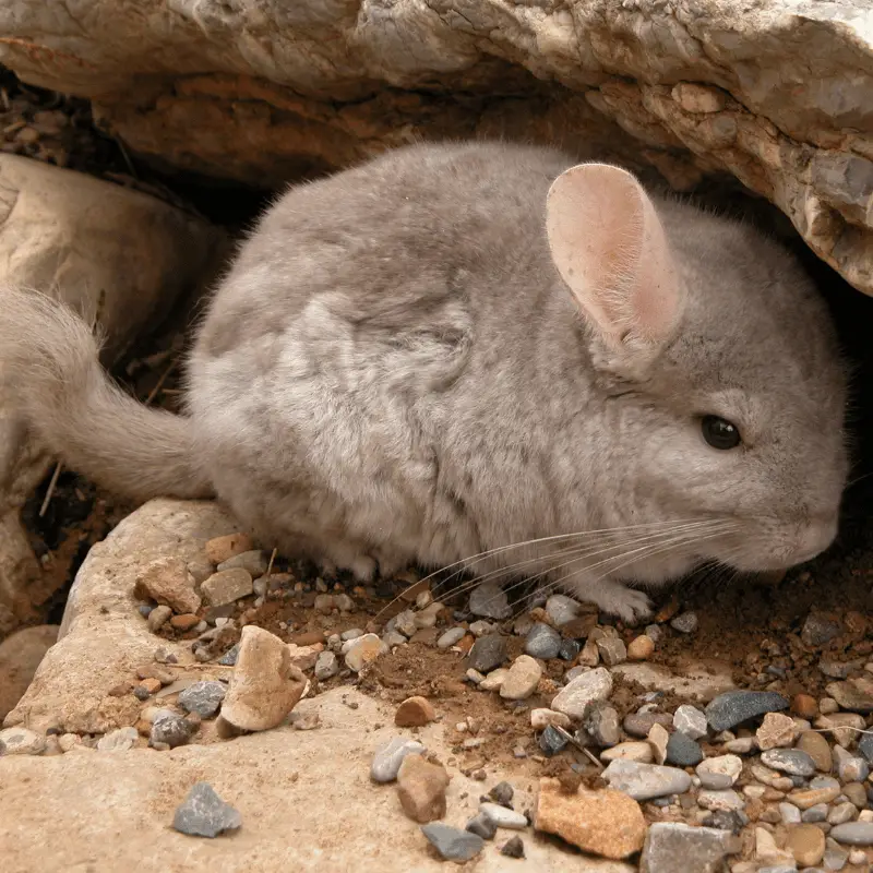 Chinchilla under a rock outside