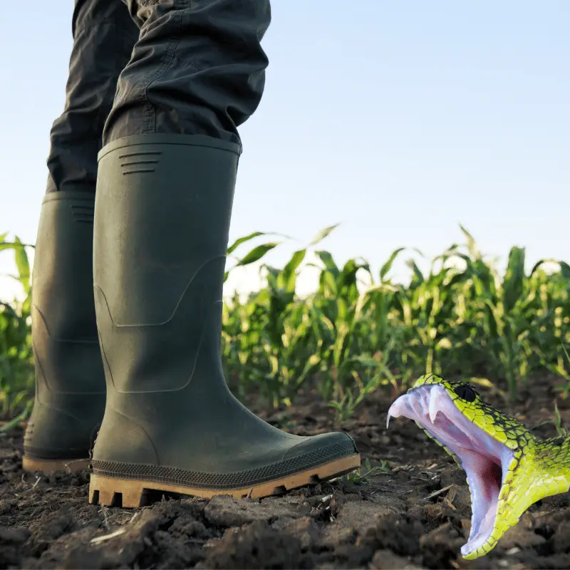 A person in rubber boots and a snake with mouth open